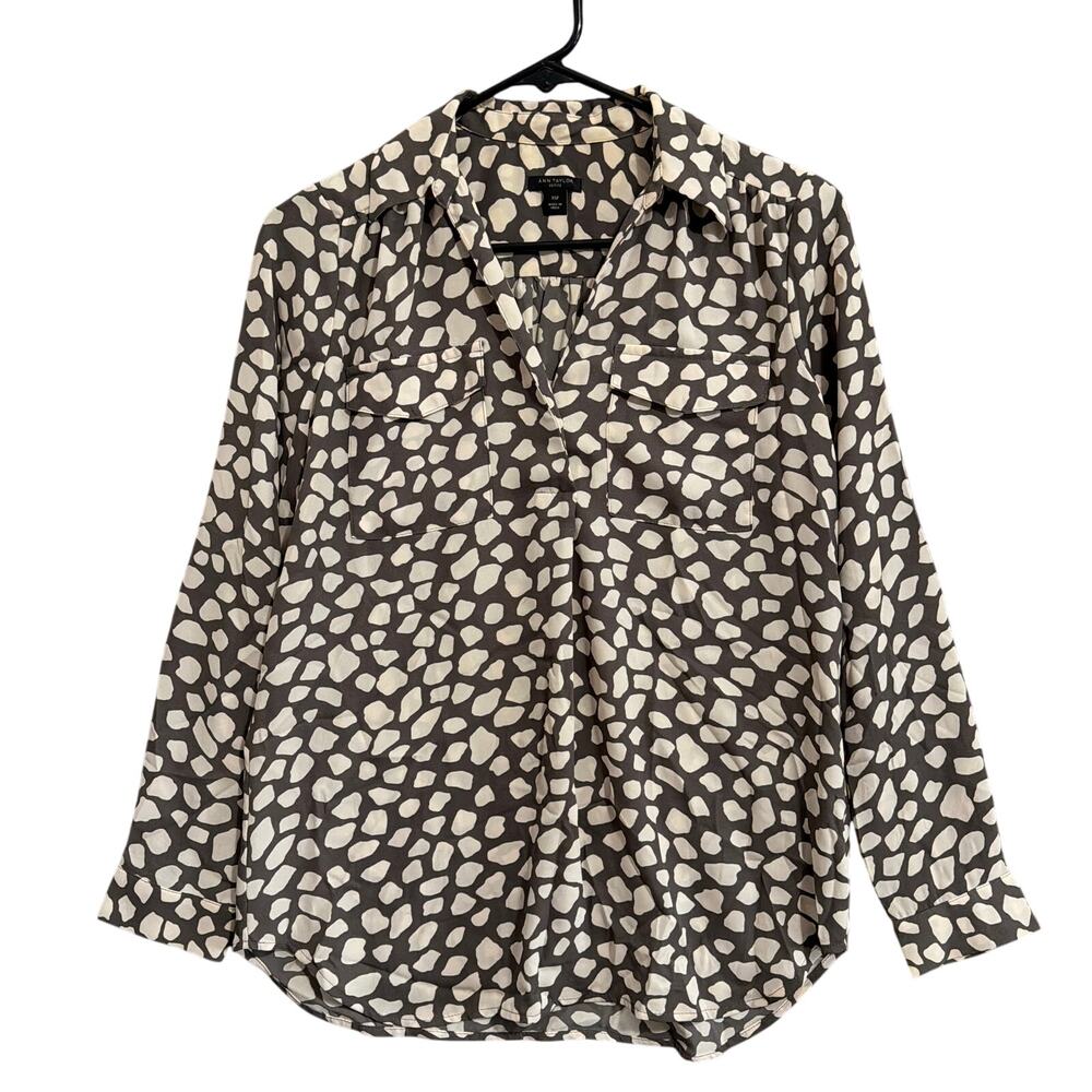 Ann Taylor Womens Blouse Brown Giraffe Print Long Sleeve V Neck Button Down XSP
